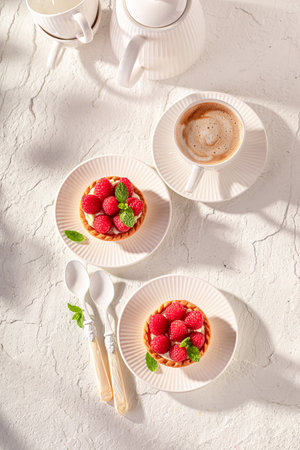 Delicious mini tart made of raspberries and cream. Cake with raspberries and cream.の写真素材