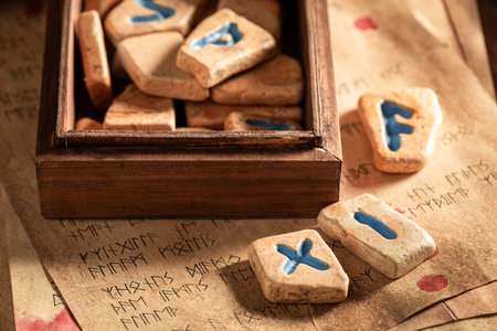 Closeup of rune stones based on futhark alphabet in wooden box as mystical backgroundの写真素材