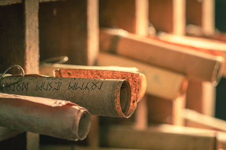 Unique library full of valuable and ancient scrolls in wooden box