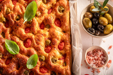 Hot focaccia made of olives and cherry tomatoes. Classic Italian cuisine. Focaccia made of simple ingredients.の写真素材