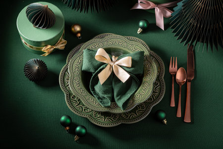 Beautiful dark green table set for Christmas as gift card. Xmas holiday sweets.の写真素材