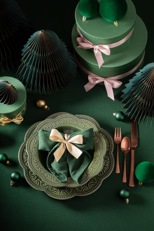 Beautiful bottle green Christmas tableware with gifts and bubbles. Holiday concept scene.の写真素材