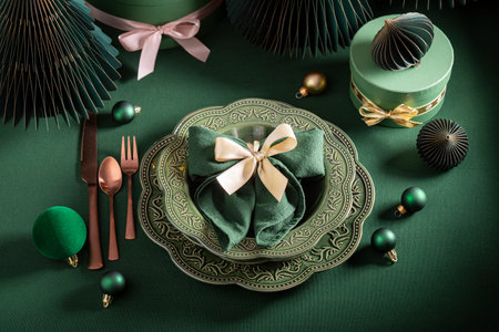 Beautiful bottle green Christmas tableware with Christmas decorations. Cozy home atmosphere.の写真素材