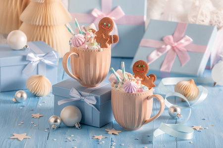 Sweet and tasty chocolate with gingerbread men and cream. Holiday concept scene.の写真素材