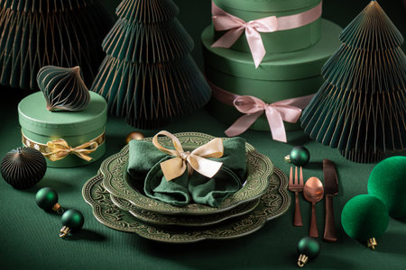 Modern bottle green table set for Christmas with Christmas decorations. Xmas holiday dessert for Christmas eve.の写真素材