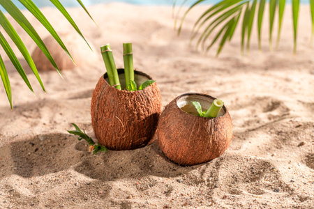 Refreshing and delicious coconut milk in shell on resort beach. Holidays on a paradise beach.の写真素材