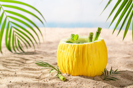 Delicious and fresh cocktail in melon on tropical beach. Drink served on an exotic beach.の写真素材