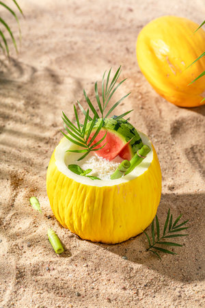 Delicious and fresh cocktail in melon on resort beach. Holidays on a paradise beach.の写真素材