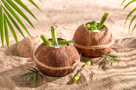 Delicious and healthy pinacolada in coconut on sandy beach. Drink served on an exotic beach.の写真素材