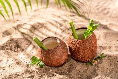 Healthy coconut milk in shell on an exotic beach. Holidays on a paradise beach.の写真素材