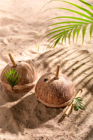 Refreshing coconut milk in shell perfect for hot days. Drink served on an exotic beach.の写真素材