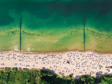 Crowded beach at Baltic Sea in summer. Recreation at the Baltic Sea.の写真素材