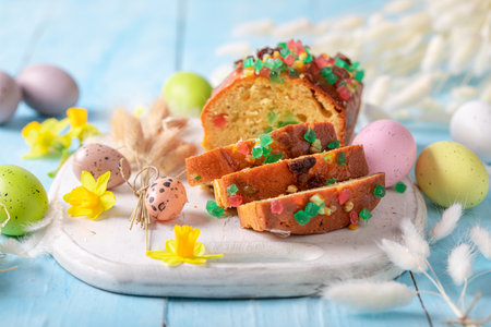 Classic Fruitcake for Easter as tasty Easter cake. Easter cake with fruits.