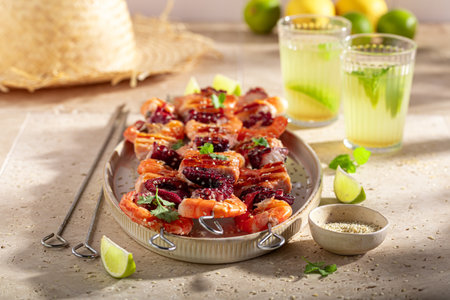 Grilled skewer as a summer snack for bbq. Roasted shashlik with mediterranean ingredients.の写真素材