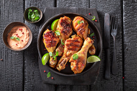 Tasty roasted chicken leg as a summer dinner. Grilled chicken legs seasoning with herbs and spices.の写真素材