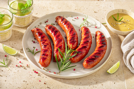 Spicy roasted sausage as summer appetizer. Grilled sausage seasoning with rosemary and lime.の写真素材
