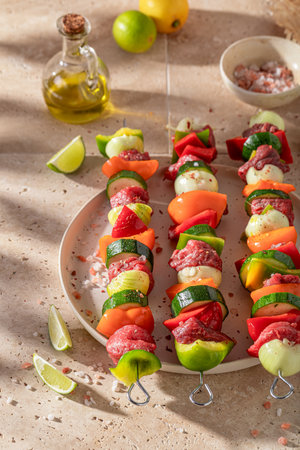 Before roasted spicy skewers with vegetables and red beef Grilled shashlik with fresh ingredients.の写真素材