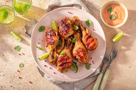 Spicy grilled chicken leg with mustard sauce and lime. Chicken legs grilled on metal grade.の写真素材