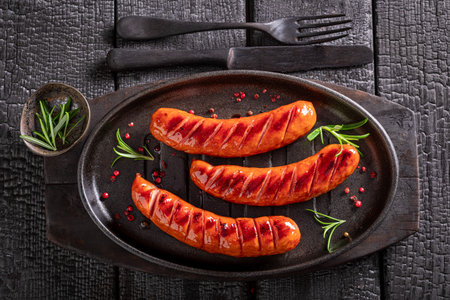 Hot roasted sausage as summer snack for bbq. Grilled sausage seasoning with rosemary and lime.の写真素材