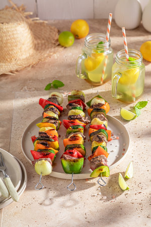 Fresh roasted skewer as healthy summer appetizer. Roasted shashlik seasoning with spices.の写真素材