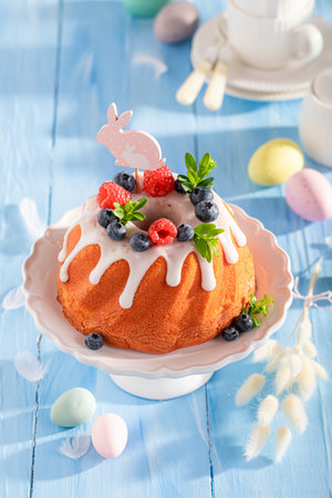 Closeup of Easter ring cake with festive spirit decor. Cake for Easter holiday.の写真素材