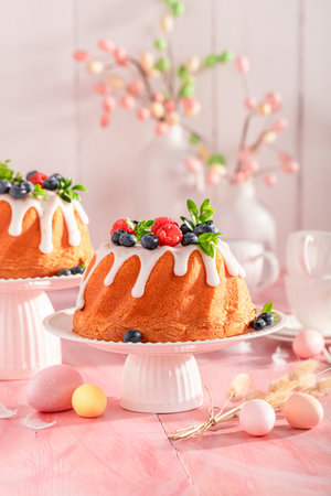 Glazed ring cake for Easter as sweet Easter pastry. Traditional polish easter dessert.の写真素材