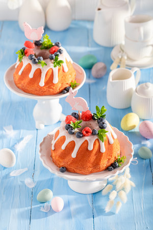 Closeup of Easter ring cake as perfect Easter card. Traditional polish easter dessert.の写真素材