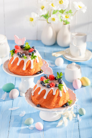 Closeup of Easter ring cake as sweet Easter pastry. Easter treat and holiday decorations.の写真素材