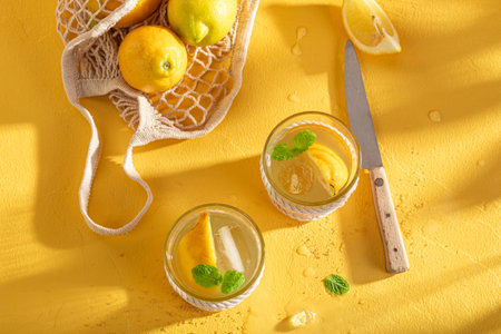 Cool freshly lemonade with soda, citrus and lime. Mojito with mint and citrus.の写真素材