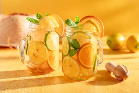Homemade lemonade as summer refreshing drink on ice. Chilled drink for hot days.の写真素材