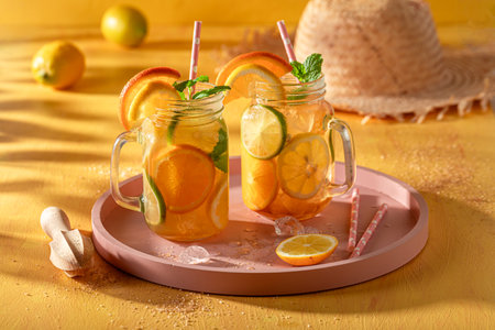 Homemade lemonade with mint leaves and citrus. Summer fruit lemonade.の写真素材