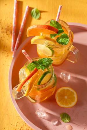 Cool freshly lemonade as summer refreshing drink on ice. Mojito with mint and citrus.の写真素材