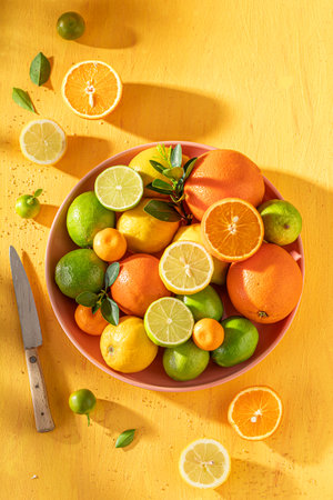 Healthy mix of citrus fruits as ingredients for lemonade. Mix of citrus fruit on yellow table.の写真素材