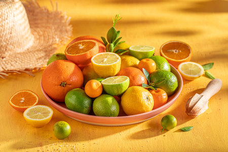 Fresh mix of citrus fruits on rustic yellow table Mix of citrus fruit on yellow table.の写真素材