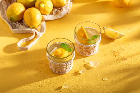 Fresh lemonade with sugar, citrus and crushed ice. Mojito with mint and citrus.の写真素材