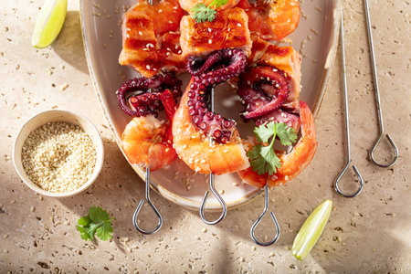 Tasty roasted skewer served with lime and coriander. Roasted shashlik seasoning with spices.の写真素材
