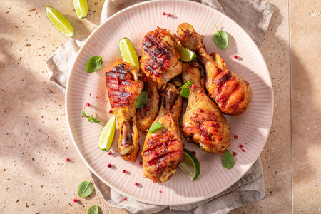 Tasty roasted chicken leg served with lime and herbs. Grilled chicken legs seasoning with herbs and spices.の写真素材