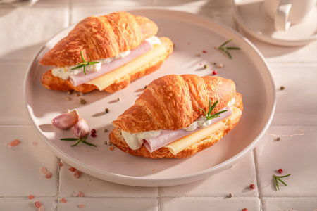Tasty and healthy french croissant made in the kitchen. Croissants as fresh sandwich with cheese.の写真素材