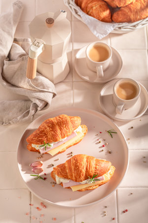Tasty and healthy french croissant made of puff pastry. Croissants as fresh sandwich with cheese and tomatoes.の写真素材