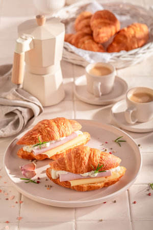 Tasty and healthy french croissant with cheese, ham and garlic. Croissants as fresh sandwich with cheese and tomatoes.の写真素材