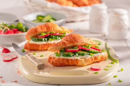 Healthy and homemade french croissant with radish and cottage cheese. Croissants as fresh sandwich with vegetables.の写真素材