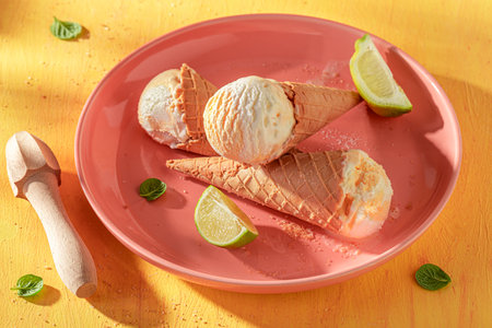 Homemade and juicy lemon ice cream as a summer dessert. Ice cream made of cream and citrus fruits.
