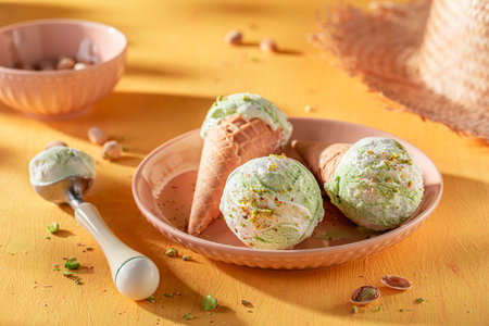 Fresh and tasty pistachio ice cream as a summer dessert. Ice cream made of cream and pistachios.の写真素材