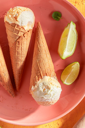 Sour and sweet lemon ice cream in a waffle cone. Ice cream made of cream and citrus fruits.
