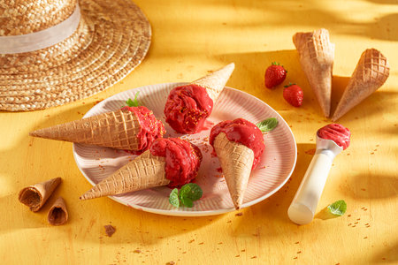 Homemade and delicious strawberry ice cream as a creamy dessert. Ice cream made of cream and strawberries.の写真素材