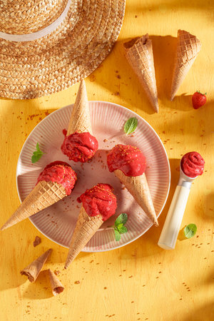 Sweet and cold strawberry ice cream as a creamy dessert. Ice cream made of cream and strawberries.の写真素材