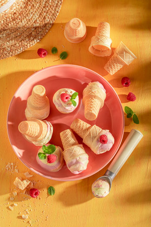 Sweet and delicious raspberry ice cream made of red berries. Ice cream made of cream and raspberries.の写真素材