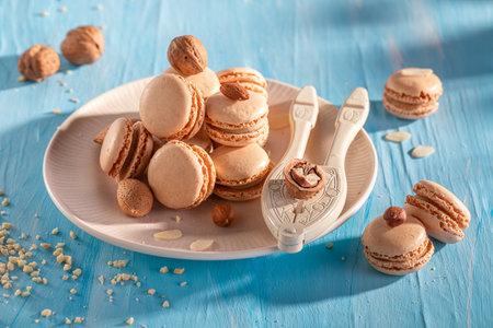 Delicious and sweet nut macarons made of meringue and nuts. Macarons made of hazelnut and walnut.の写真素材