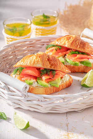 Hot and golden french croissant made of puff pastry.の写真素材