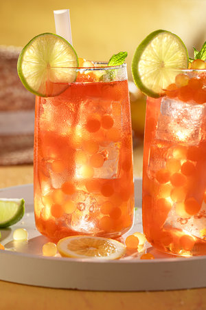 Summer bubble tea with lime, lemon and mint on ice. Bubble tea with fresh jelly.の写真素材